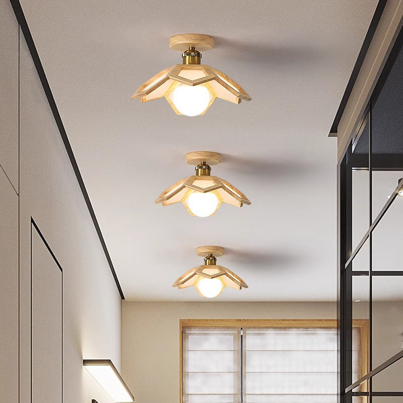 Modern Minimalist Flower PVC Wood 1-Light Semi-Flush Mount Ceiling Light For Hallway