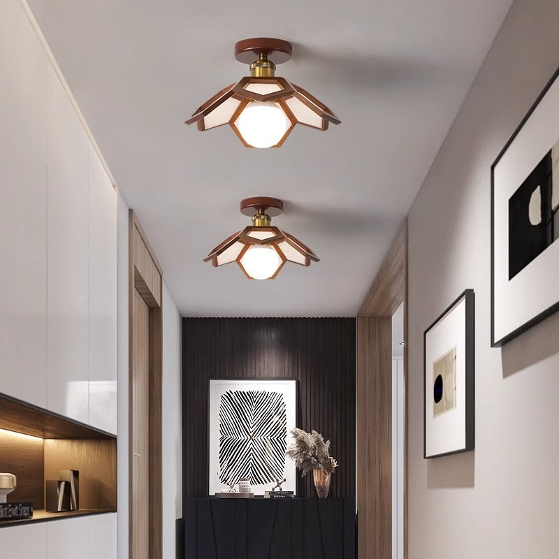 Modern Minimalist Flower PVC Wood 1-Light Semi-Flush Mount Ceiling Light For Hallway