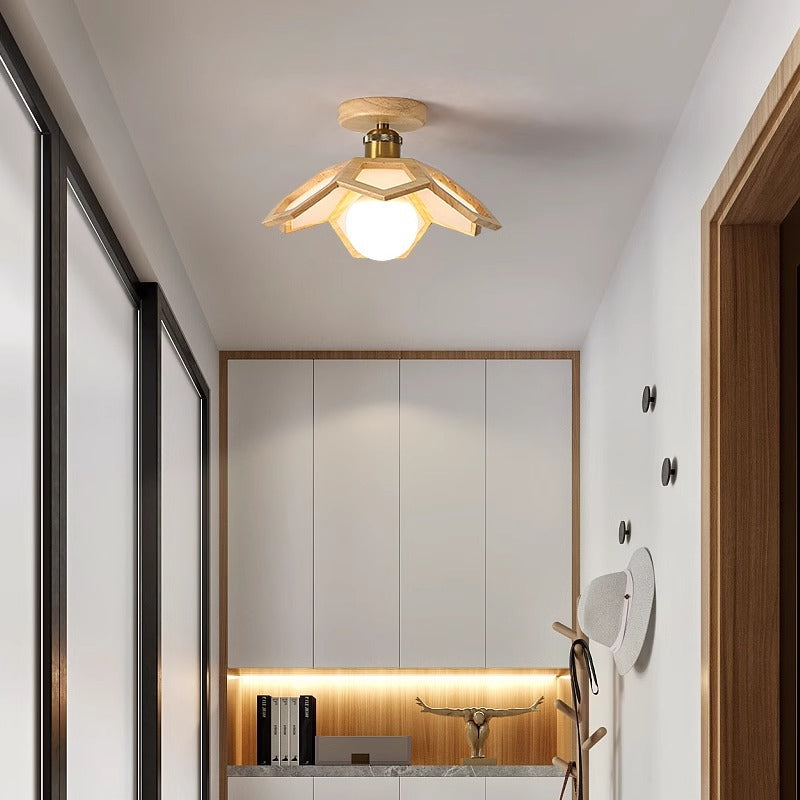 Modern Minimalist Flower PVC Wood 1-Light Semi-Flush Mount Ceiling Light For Hallway