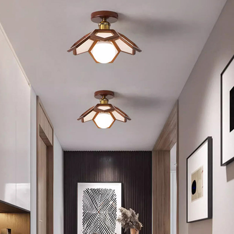 Modern Minimalist Flower PVC Wood 1-Light Semi-Flush Mount Ceiling Light For Hallway