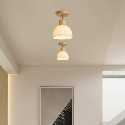 Modern Minimalist Half Round Wood Glass 1-Light Semi-Flush Mount Ceiling Light For Hallway