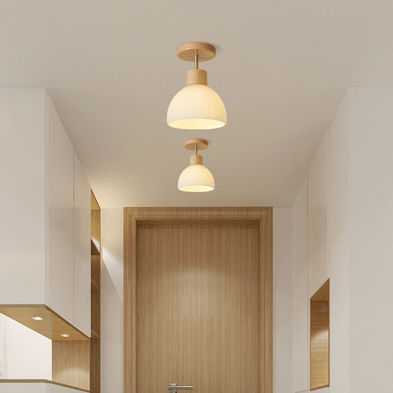 Modern Minimalist Half Round Wood Glass 1-Light Semi-Flush Mount Ceiling Light For Hallway