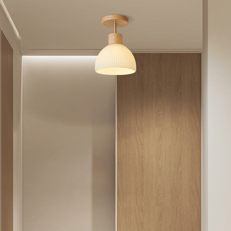 Modern Minimalist Half Round Wood Glass 1-Light Semi-Flush Mount Ceiling Light For Hallway