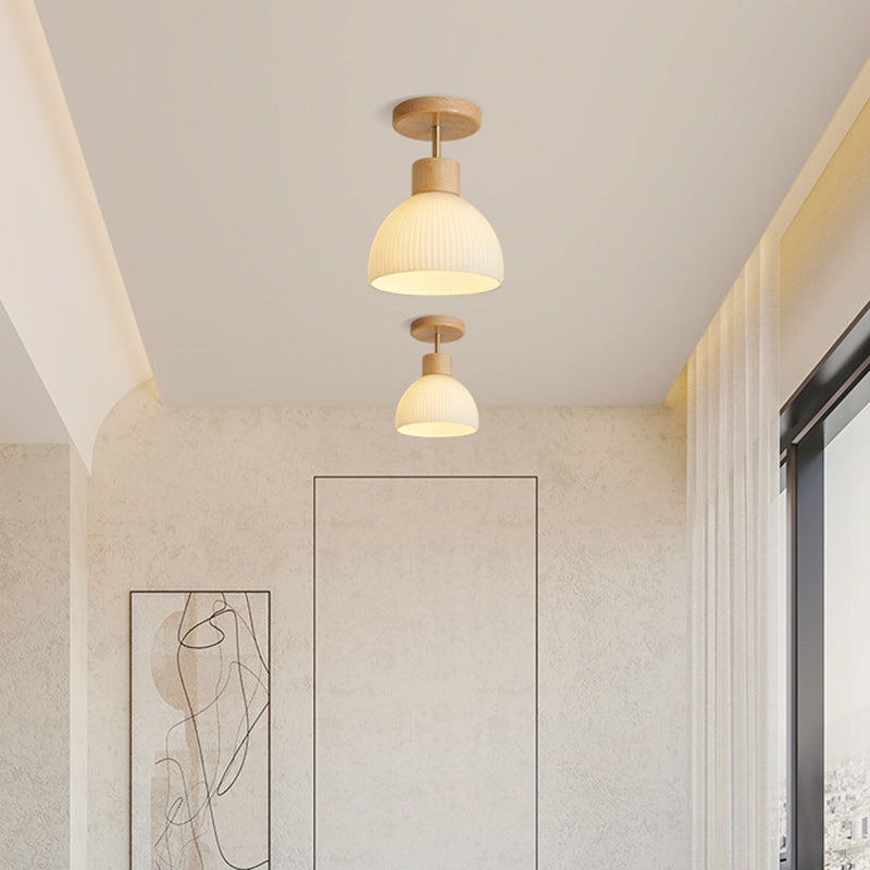 Modern Minimalist Half Round Wood Glass 1-Light Semi-Flush Mount Ceiling Light For Hallway