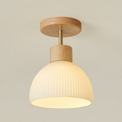 Modern Minimalist Half Round Wood Glass 1-Light Semi-Flush Mount Ceiling Light For Hallway