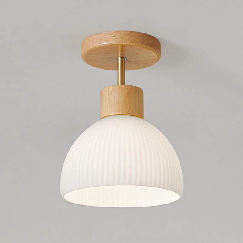 Modern Minimalist Half Round Wood Glass 1-Light Semi-Flush Mount Ceiling Light For Hallway