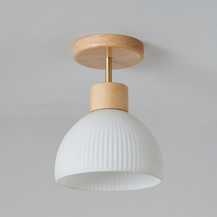 Modern Minimalist Half Round Wood Glass 1-Light Semi-Flush Mount Ceiling Light For Hallway