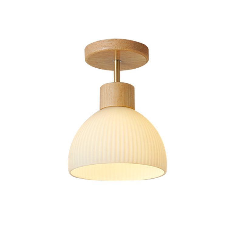 Modern Minimalist Half Round Wood Glass 1-Light Semi-Flush Mount Ceiling Light For Hallway
