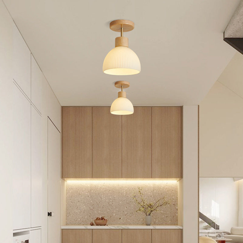 Modern Minimalist Half Round Wood Glass 1-Light Semi-Flush Mount Ceiling Light For Hallway