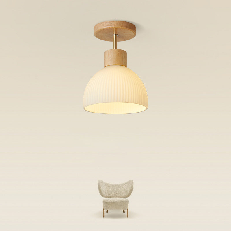 Modern Minimalist Half Round Wood Glass 1-Light Semi-Flush Mount Ceiling Light For Hallway