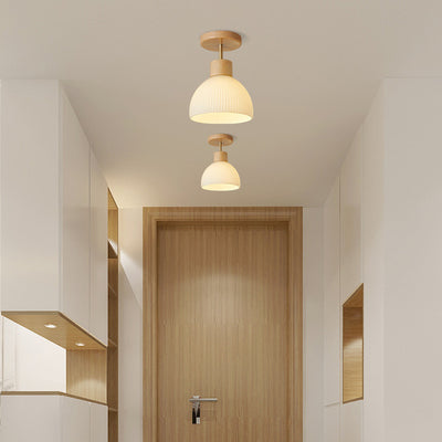 Modern Minimalist Half Round Wood Glass 1-Light Semi-Flush Mount Ceiling Light For Hallway