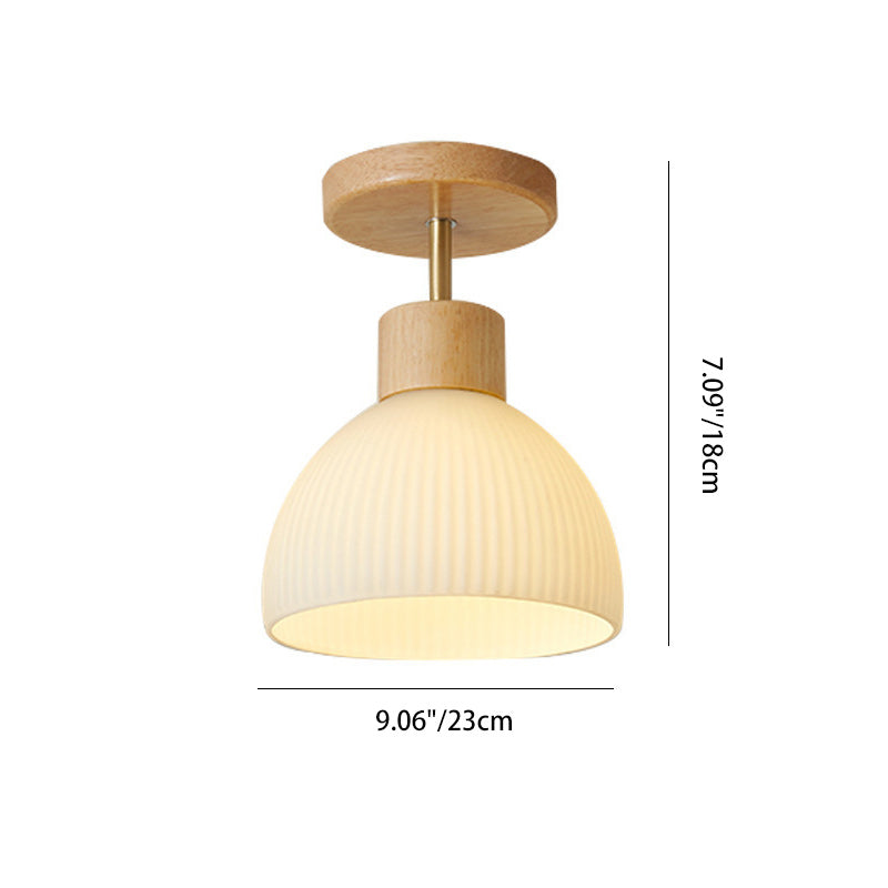 Modern Minimalist Half Round Wood Glass 1-Light Semi-Flush Mount Ceiling Light For Hallway