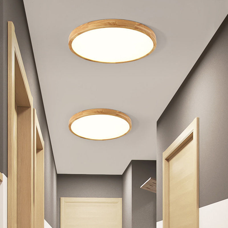 Contemporary Scandinavian Round Solid Wood Acrylic LED Flush Mount Ceiling Light For Study