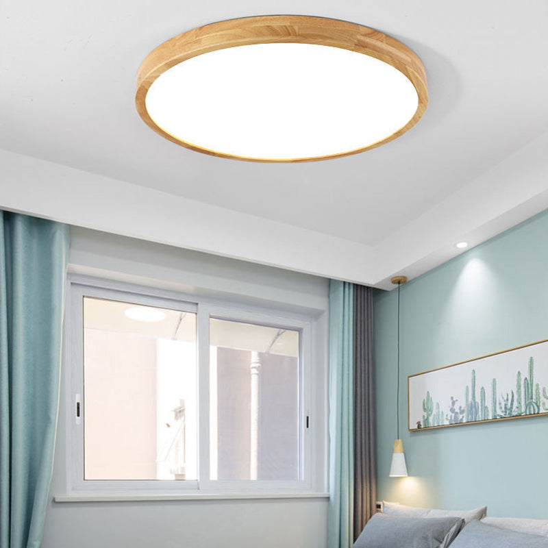 Contemporary Scandinavian Round Solid Wood Acrylic LED Flush Mount Ceiling Light For Study