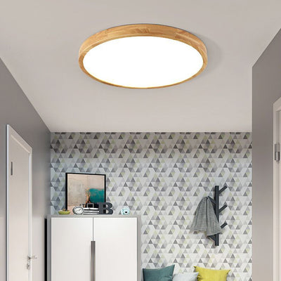 Contemporary Scandinavian Round Solid Wood Acrylic LED Flush Mount Ceiling Light For Study