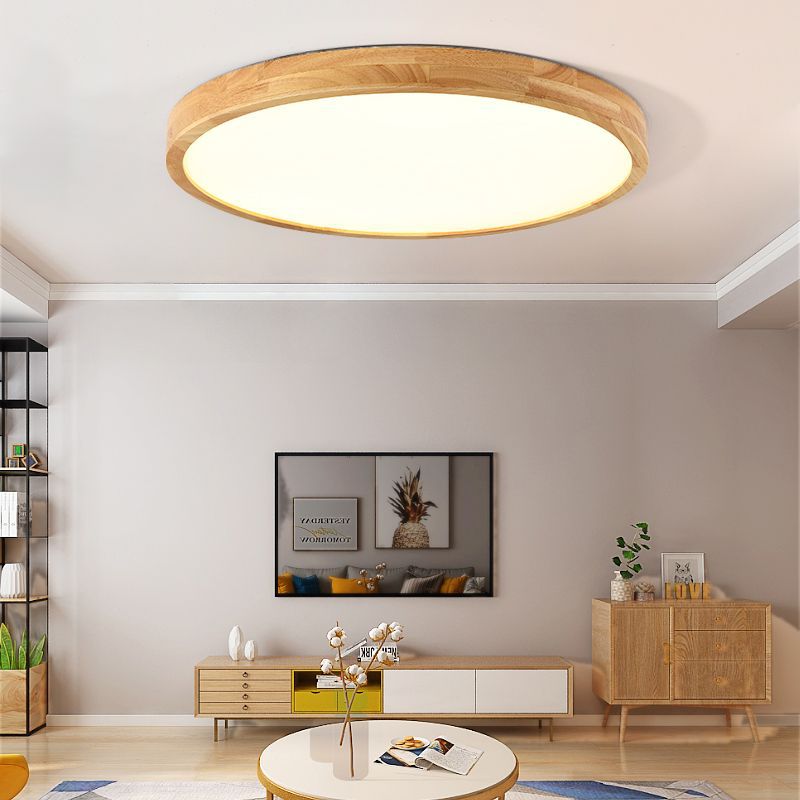 Contemporary Scandinavian Round Solid Wood Acrylic LED Flush Mount Ceiling Light For Study