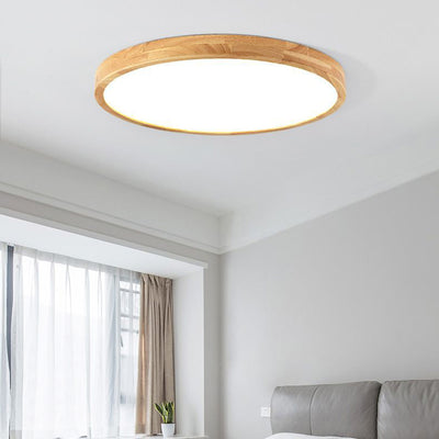 Contemporary Scandinavian Round Solid Wood Acrylic LED Flush Mount Ceiling Light For Study