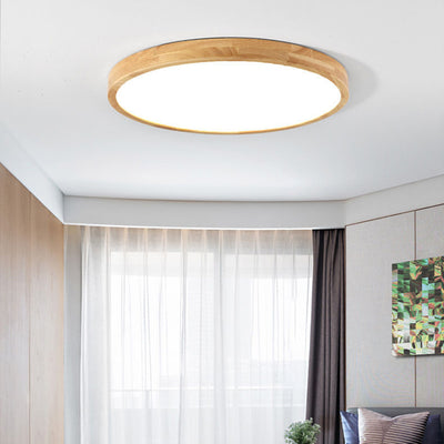 Contemporary Scandinavian Round Solid Wood Acrylic LED Flush Mount Ceiling Light For Study