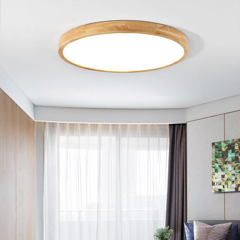Contemporary Scandinavian Round Solid Wood Acrylic LED Flush Mount Ceiling Light For Study