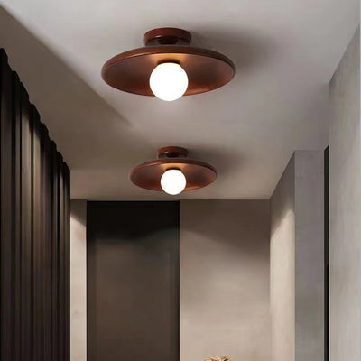 Contemporary Scandinavian Disc Solid Wood 1-Light Semi-Flush Mount Ceiling Light For Hallway