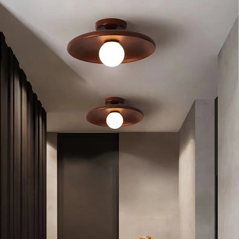 Contemporary Scandinavian Disc Solid Wood 1-Light Semi-Flush Mount Ceiling Light For Hallway
