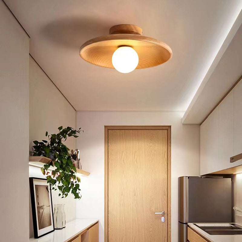 Contemporary Scandinavian Disc Solid Wood 1-Light Semi-Flush Mount Ceiling Light For Hallway