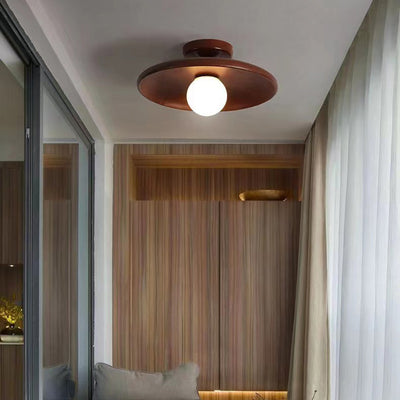 Contemporary Scandinavian Disc Solid Wood 1-Light Semi-Flush Mount Ceiling Light For Hallway