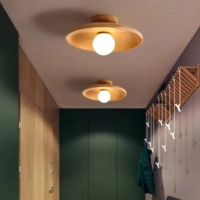 Contemporary Scandinavian Disc Solid Wood 1-Light Semi-Flush Mount Ceiling Light For Hallway