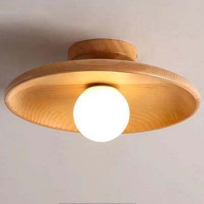 Contemporary Scandinavian Disc Solid Wood 1-Light Semi-Flush Mount Ceiling Light For Hallway