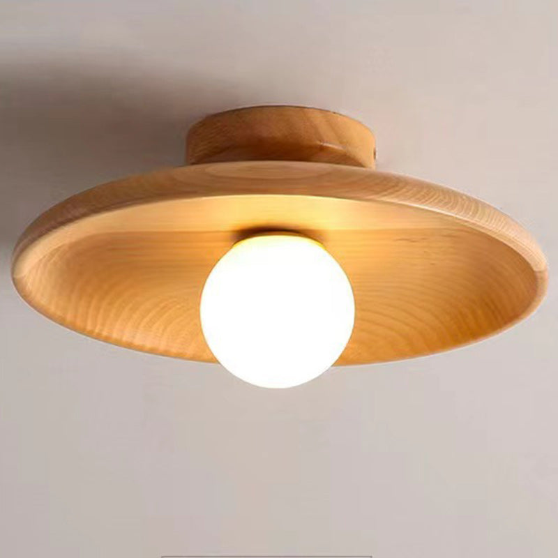Contemporary Scandinavian Disc Solid Wood 1-Light Semi-Flush Mount Ceiling Light For Hallway