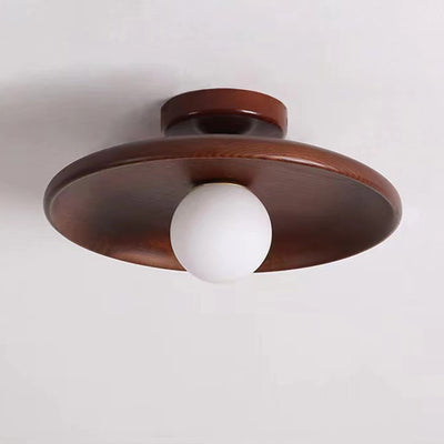 Contemporary Scandinavian Disc Solid Wood 1-Light Semi-Flush Mount Ceiling Light For Hallway