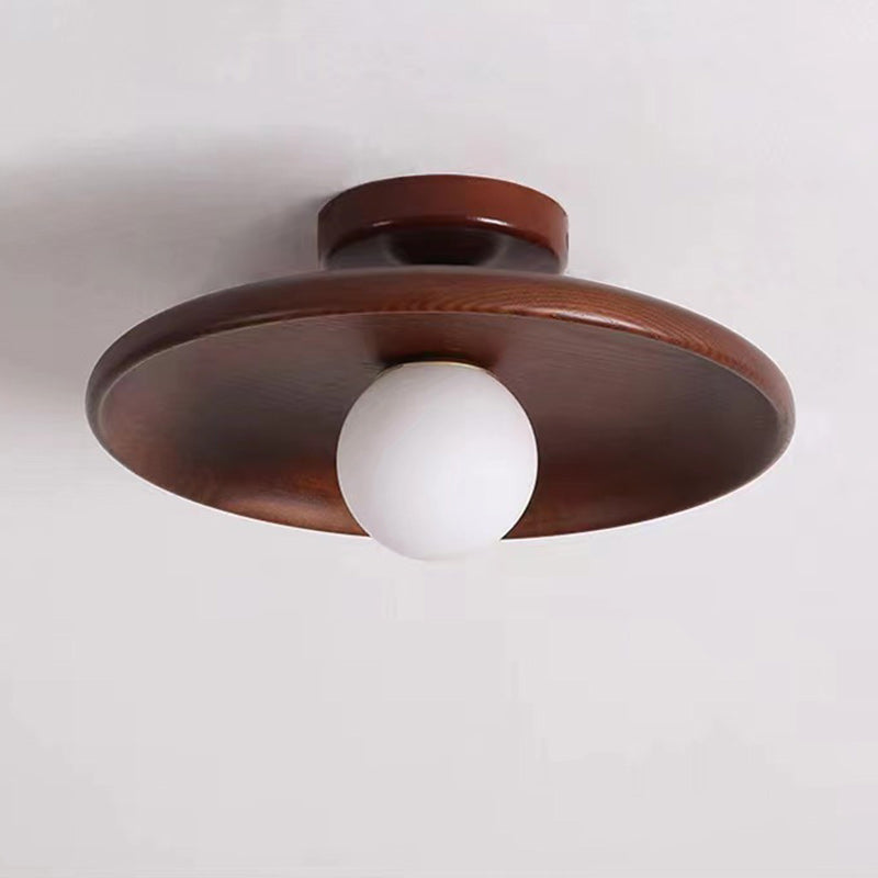 Contemporary Scandinavian Disc Solid Wood 1-Light Semi-Flush Mount Ceiling Light For Hallway