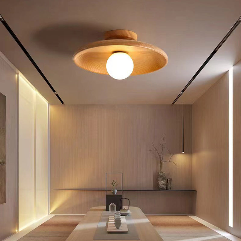 Contemporary Scandinavian Disc Solid Wood 1-Light Semi-Flush Mount Ceiling Light For Hallway
