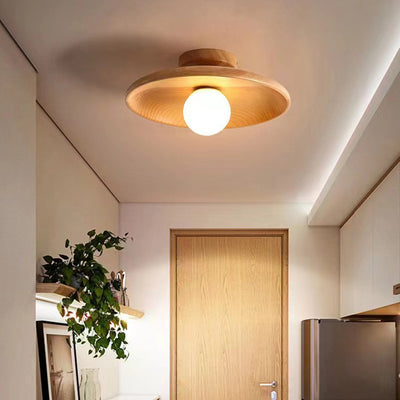 Contemporary Scandinavian Disc Solid Wood 1-Light Semi-Flush Mount Ceiling Light For Hallway