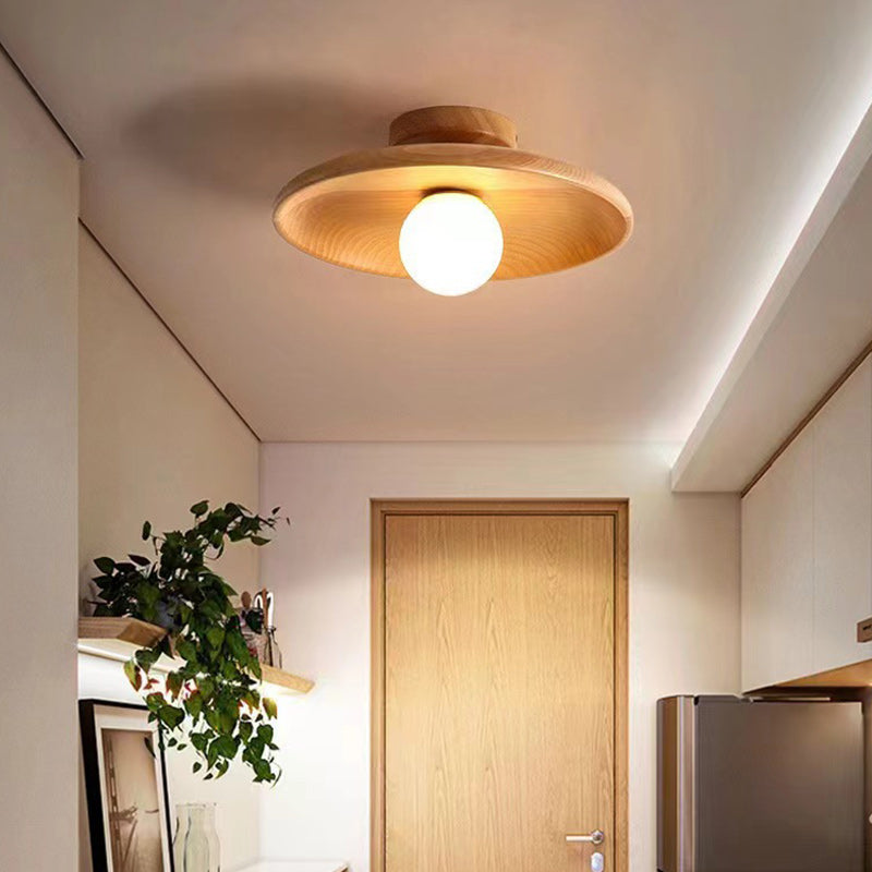 Contemporary Scandinavian Disc Solid Wood 1-Light Semi-Flush Mount Ceiling Light For Hallway