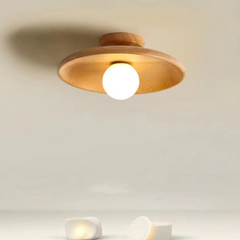 Contemporary Scandinavian Disc Solid Wood 1-Light Semi-Flush Mount Ceiling Light For Hallway