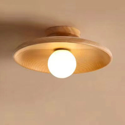 Contemporary Scandinavian Disc Solid Wood 1-Light Semi-Flush Mount Ceiling Light For Hallway
