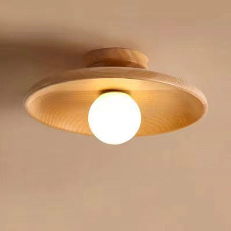 Contemporary Scandinavian Disc Solid Wood 1-Light Semi-Flush Mount Ceiling Light For Hallway