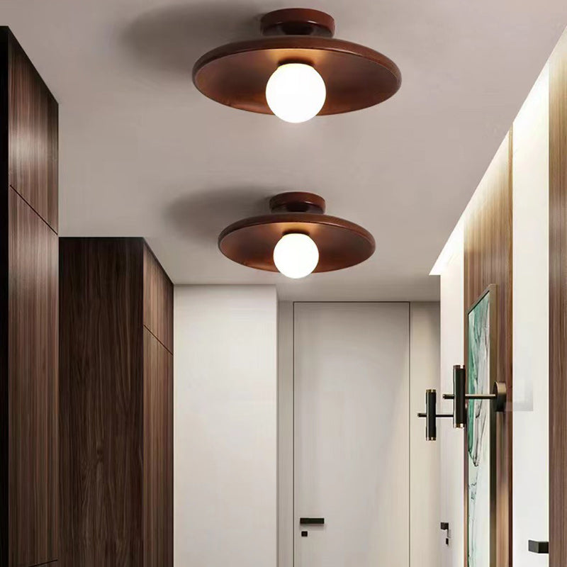 Contemporary Scandinavian Disc Solid Wood 1-Light Semi-Flush Mount Ceiling Light For Hallway