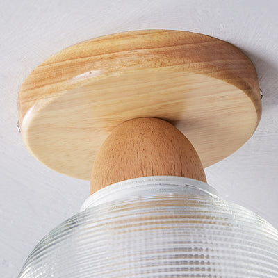 Traditional Japanese Flower Disc Glass Wood 1-Light Semi-Flush Mount Ceiling Light For Hallway