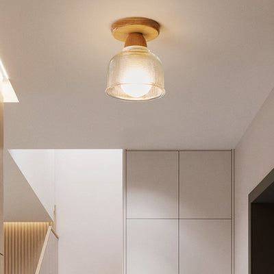 Traditional Japanese Flower Disc Glass Wood 1-Light Semi-Flush Mount Ceiling Light For Hallway