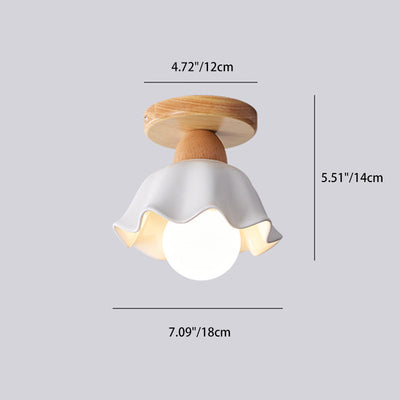 Traditional Japanese Flower Disc Glass Wood 1-Light Semi-Flush Mount Ceiling Light For Hallway