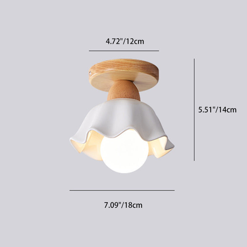 Traditional Japanese Flower Disc Glass Wood 1-Light Semi-Flush Mount Ceiling Light For Hallway