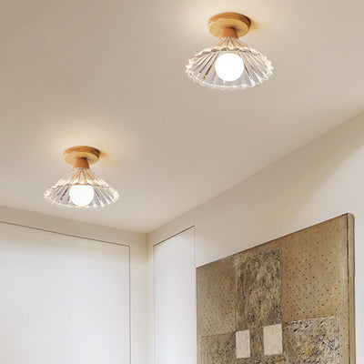 Traditional Japanese Flower Disc Glass Wood 1-Light Semi-Flush Mount Ceiling Light For Hallway