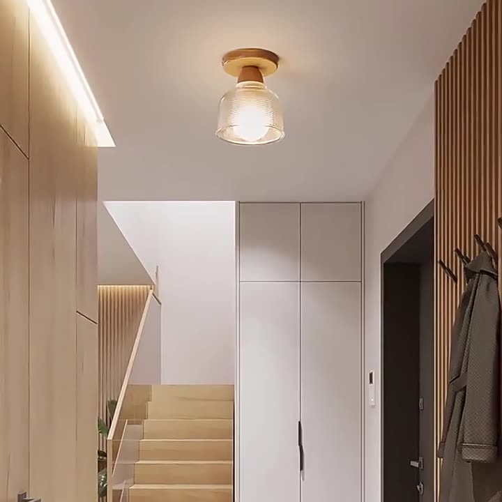 Traditional Japanese Flower Disc Glass Wood 1-Light Semi-Flush Mount Ceiling Light For Hallway
