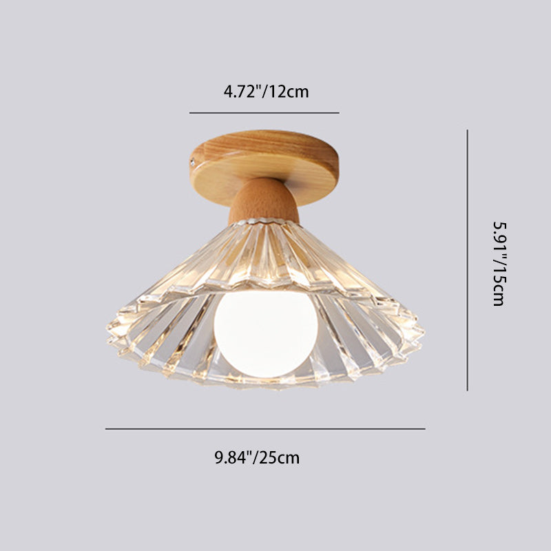 Traditional Japanese Flower Disc Glass Wood 1-Light Semi-Flush Mount Ceiling Light For Hallway