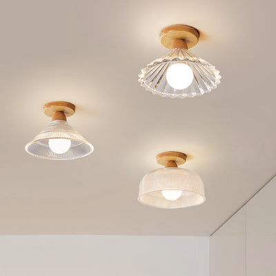Traditional Japanese Flower Disc Glass Wood 1-Light Semi-Flush Mount Ceiling Light For Hallway