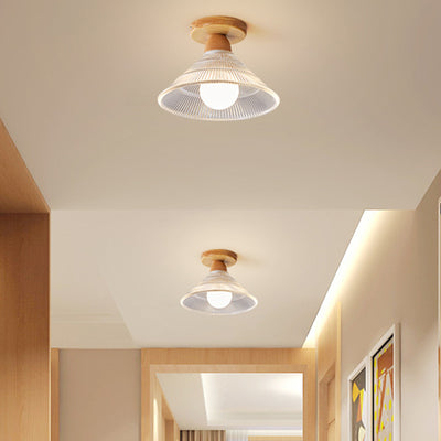 Traditional Japanese Flower Disc Glass Wood 1-Light Semi-Flush Mount Ceiling Light For Hallway