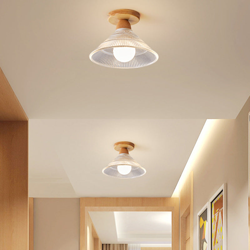 Traditional Japanese Flower Disc Glass Wood 1-Light Semi-Flush Mount Ceiling Light For Hallway
