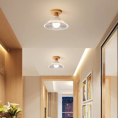 Traditional Japanese Flower Disc Glass Wood 1-Light Semi-Flush Mount Ceiling Light For Hallway